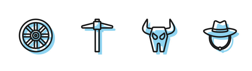 Sticker - Set line Buffalo skull, Old wooden wheel, Pickaxe and Western cowboy hat icon. Vector