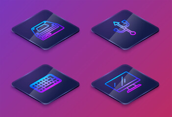 Sticker - Set Isometric line Optical disc drive, Keyboard, USB and Computer monitor screen. Blue square button. Vector