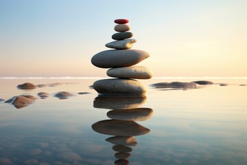 Poster - a calm beach with smooth stones stacked in a balance tower