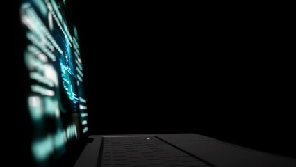 laptop rotating in black background. Programming code on notebook screen