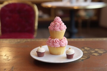 Wall Mural - a tiny, delicate cupcake next to a massive three-tiered cake
