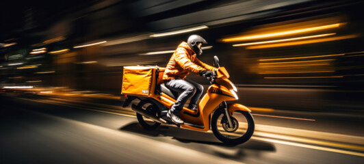 Wall Mural - Courier, delivery man on the motorcycles in the street, Fast transport express home delivery online order, food delivery, Blurred image