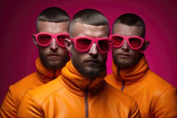 Wall Mural - Three men in orange jackets with pink sunglasses, AI