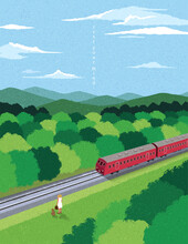 Travel By Train, Steam Locomotive, Vacation, Mountain Landscape, Railway Station, Adventure. Spring Summer Season. Sunny Day Nature Background. Watercolor Style. Hand Drawn Design Vector Illustration.