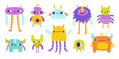 Wall Mural - set of weird colorful monsters. vector collection of strange friendly beasts for kids. bright doodle