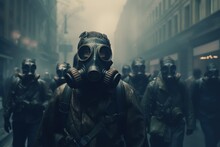 Crowd of people in gas masks on a city street. Extremely polluted atmosphere. Problem of growing greenhouse effect, warming and the constant increase in concentration of temporary substances in air.