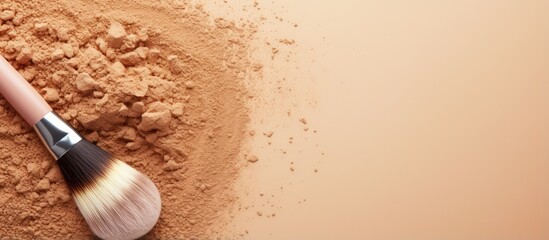 Poster - Close up of a brush applying beige powder emphasizing a nude makeup look on a isolated pastel background Copy space