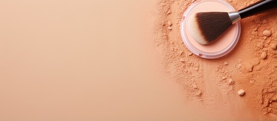 Poster - Close up of a brush applying beige powder emphasizing a nude makeup look on a isolated pastel background Copy space