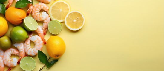 Aufkleber - Closeup of prawns lime lemon slices and olives on a isolated pastel background Copy space