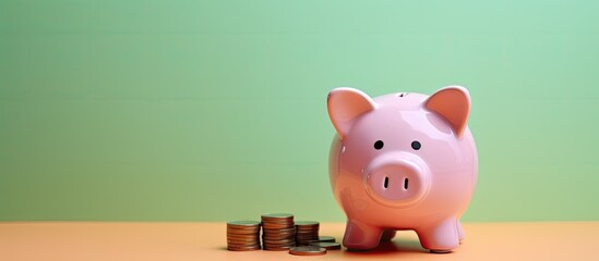 Poster - Coin container and cash isolated pastel background Copy space