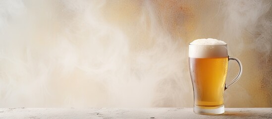 Wall Mural - A frosty glass of beer with frothy foam isolated pastel background Copy space