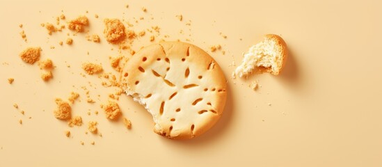 Poster - A crumbled biscuit alone against isolated pastel background Copy space seen from above