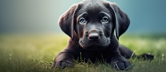 Sticker - A young black labrador puppy strolls on the grass beside the sofa isolated pastel background Copy space