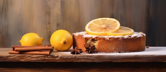 Poster - Apple cake with cinnamon and lemon on isolated pastel background Copy space en table