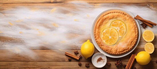 Poster - Apple cake with cinnamon and lemon on isolated pastel background Copy space en table