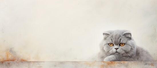 Poster - Attractive Scottishfold cat very close up portrait at home isolated pastel background Copy space