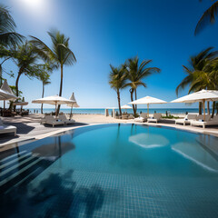Wall Mural - Photograph of Luxurious swimming pool and loungers umbrellas near beach and sea with palm trees and blue sky. wide angle lens daylight white