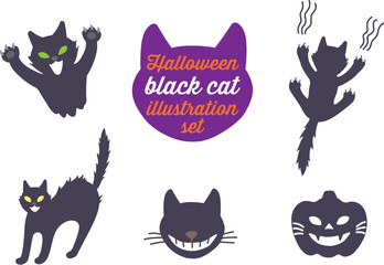 Spooky cute and fun halloween purplish black cat hissing, intimidating, pumpkin, jack o'lantern and head vector illustration cartoon icon set for background