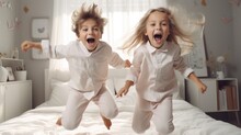 Children Jumping On A Bed In A Bedroom Because They Are Super Happy