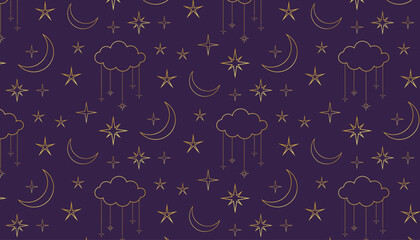 Wall Mural - vector seamless pattern with golden metallic stars, moons and clouds on purple background. night sky line art pattern. astrology, numerology, tarot, horoscope, magic, witch, halloween pattern