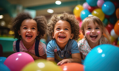 Smiling and happy children having fun and playing celebrating Children's Day on party background.