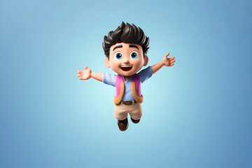 Sticker - Cute vr 3d cartoon playful avatar boy in jump and levitation with emotions.