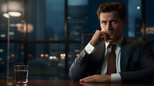 Business Man Thinking About A Difficult And Very Important Deciision He Has To Make In His Office In The City At Night, Evening, Business, Businessman, Think, Boss, Highpay Job, Leader, Ceo