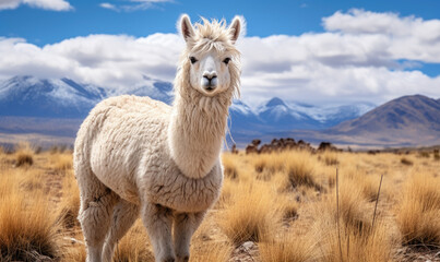 Wall Mural - Close-up llama stands tall in a vast Bolivian field.
