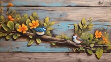 A Painting Of Birds On Branch With Old Wooden Background