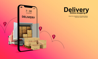 Online delivery service on mobile by truck, Delivery home and office, Online order. Logistics. Truck, warehouse and parcel box. Delivery concept.online delivery service application with parcel,Vector 