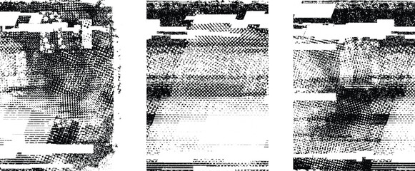 Glitch distorted grungy isolated layers . Design element for brochure, social media, posters, flyers. Overlay texture.Textured banner with Distress effect .Vector halftone dots . Screen print texture