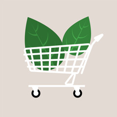 Eco friendly shopping cart. Zero waste. Sustainable eco lifestyle. Environment friendly, sustainable, ecological shopping or consumerism and carbon footprint reduction concept