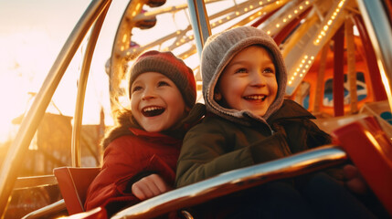 Wall Mural - A couple of kids sitting on top of a ferris wheel