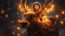 A Little Girl Riding On The Back Of A Reindeer