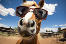 Funny Close Up Horse With Sunglasses And A Cute Face On The Background Of A Farm
