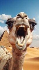 Wall Mural - Crazy camel with a funny face on the background of desert landscape