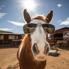 Wall Mural - Funny horse with sunglasses and a funny face on the background of a farm and sun