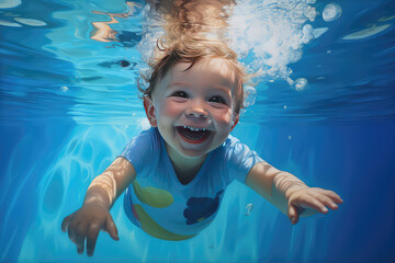 Cute little baby swimming underwater in the pool, smiling at the camera. Underwater kid portrait in motion.
