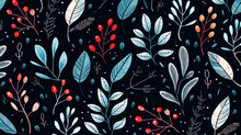 Seamless Pattern With Autumn Leaves, Berries And Stars. Ai Generative, Illustration.