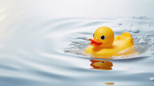 Yellow Rubber Duck Floating On The Water Of The Bathtub, Calm Clear Water Surface, Light Color Bathroom Background.
