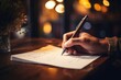 © gankevstock - close up of writer's hand holding a pen and writing in notebook on wooden table with blurred background