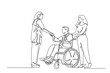 Continuous one line drawing smart young female doctor visiting and handshaking the patient with wheelchair in hospital. Medical health care concept. Single line draw design vector graphic illustration