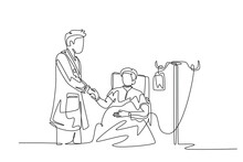 Continuous One Line Drawing Of Young Smart Doctor Visit A Patient Laying At Bed In Hospital And Handshaking Him To Ask The Condition Of His Healthy. Single Line Draw Design Vector Graphic Illustration