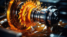 Oil Lubrication Aids In The Precise Machining Of A Gear Wheel In Metalworking.