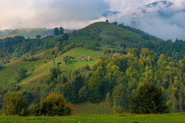 Wall Mural - Rural idyllic landscape of the small villages in the Rucar-Bran mountain area, Brasov, Romania, scattered on the wooded hills, with the Bucegi mountains in the background, in wonderful springtime day