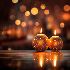 Burning candles on a wooden table in front of bokeh background