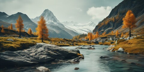 Wall Mural - Generative AI, Autumn aesthetic landscape panorama, muted neutral colors. 