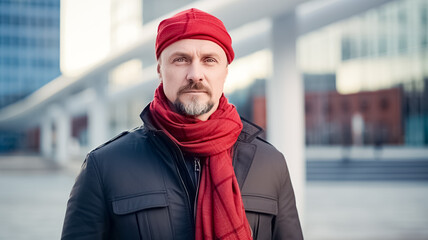 Medium shot portrait photography of a satisfied man wearing a red foulard against a modern architectural background.
