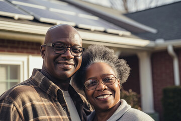 couple next to the house with solar panels