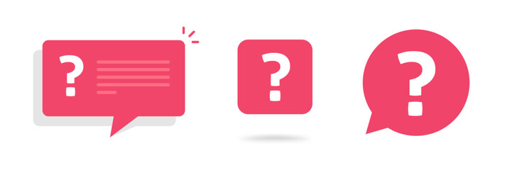 Poster - Question mark icon red vector graphic simple image, ask inquiry query pictogram bubble speech message notice notification clipart set